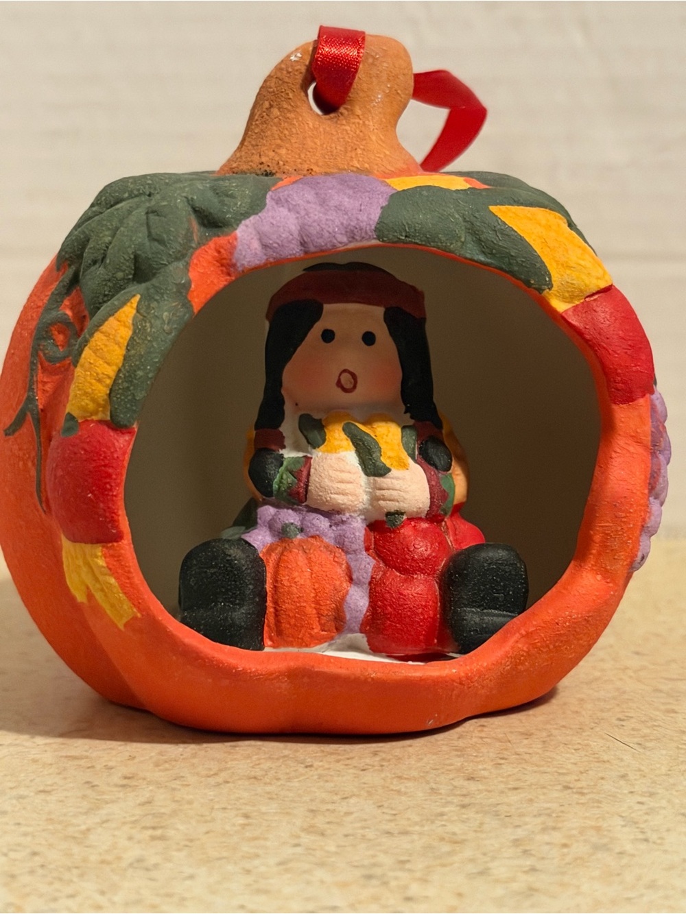 Hand-Painted Ceramic Pumpkin Figurine Ornament - Orange